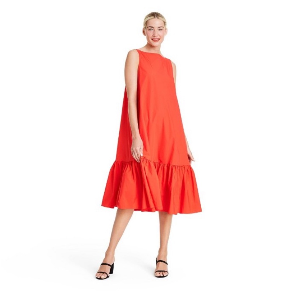 Sleeveless Ruffle Shift Dress with pockets.